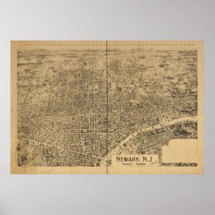 Póster 1895 Newark, mapa panorámico de la opinión de ojo