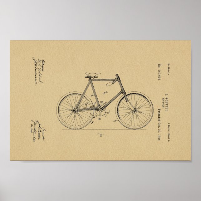 Póster 1896 Papel de patente de bicicletas de época Impri (Frente)