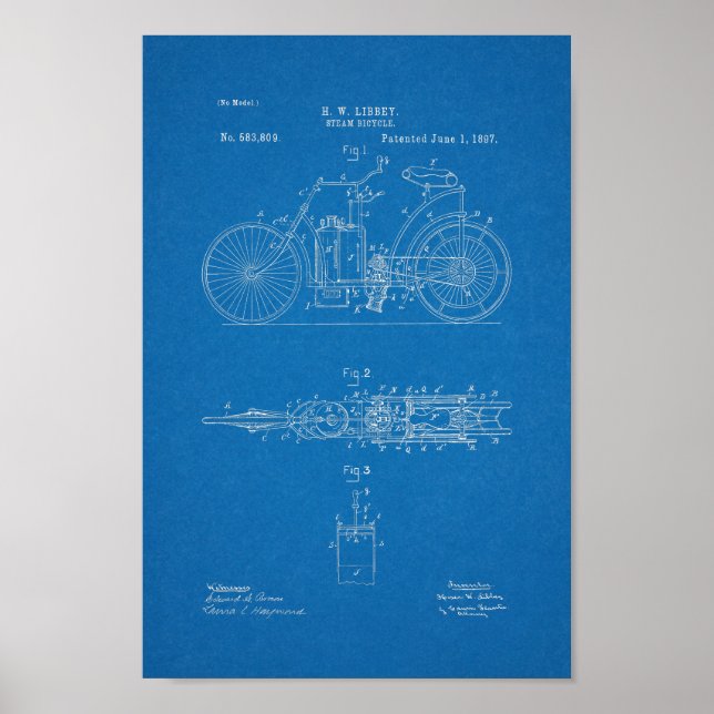 Póster 1897 Vintage Steam Bicycle Patent Blueprint Art (Frente)
