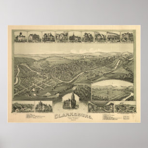 Póster 1898 Clarksburg, mapa panorámico del ojo del