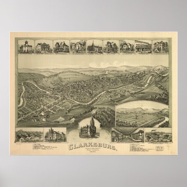Póster 1898 Clarksburg, WV Mapa panorámico de ojos de páj (Frente)