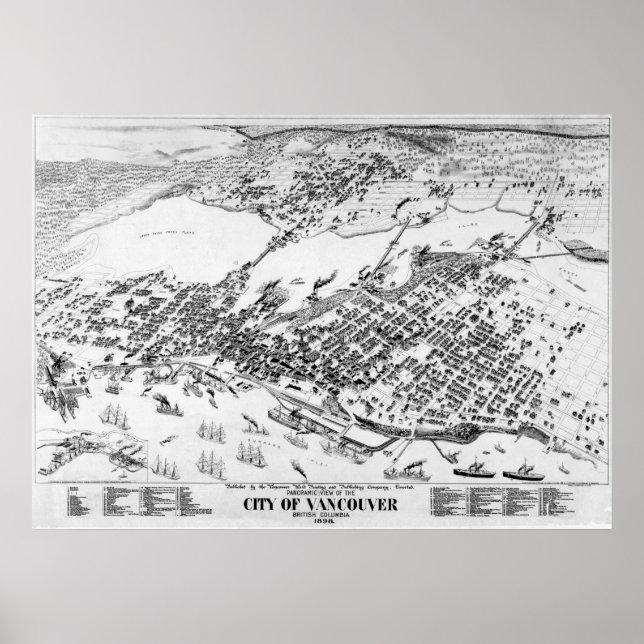 Póster 1898 Vancouver, B.C. Bird's Eye View Panoramic Map (Frente)