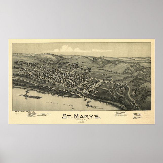 Póster 1899 Mapa panorámico de St. Mary's, WV Bird's Eye  (Frente)