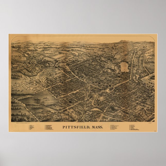 Póster 1899 Pittsfield, MAMÁES Birds Eye View Panoramic M (Frente)