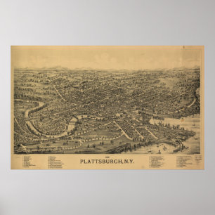 Póster 1899 Plattsburgh, NY Birds Eye View Panoramic Map
