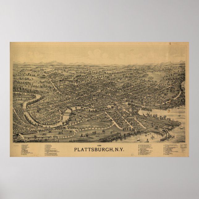 Póster 1899 Plattsburgh, NY Birds Eye View Panoramic Map (Frente)