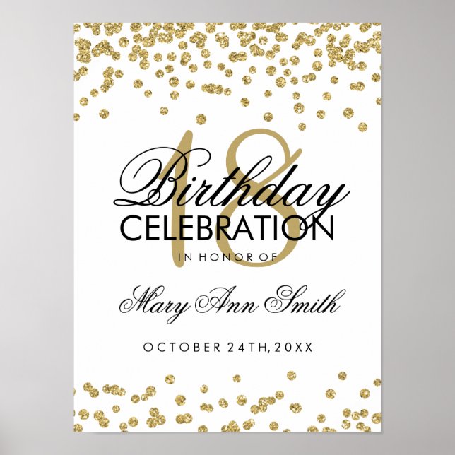 Póster 18.º cumpleaños Purpurina de burlas de oro Confett (Frente)