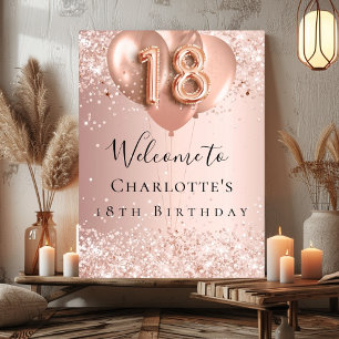 Póster 18.º rosa de cumpleaños globos dorados bienvenidos