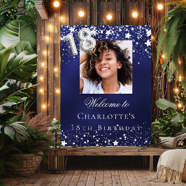 Póster 18 años estrellas de plata azul bienvenida