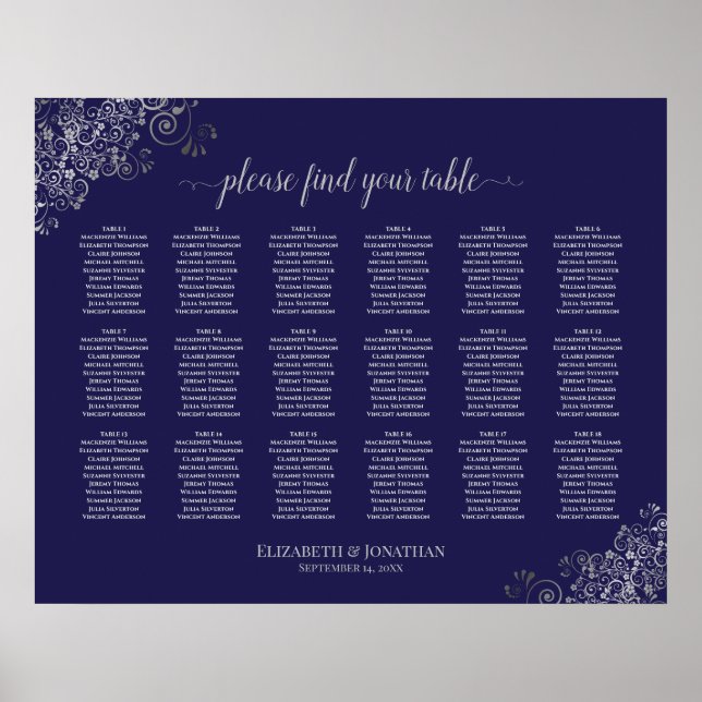 Póster 18 asientos de Boda de mesa plateado sobre azul ma (Frente)
