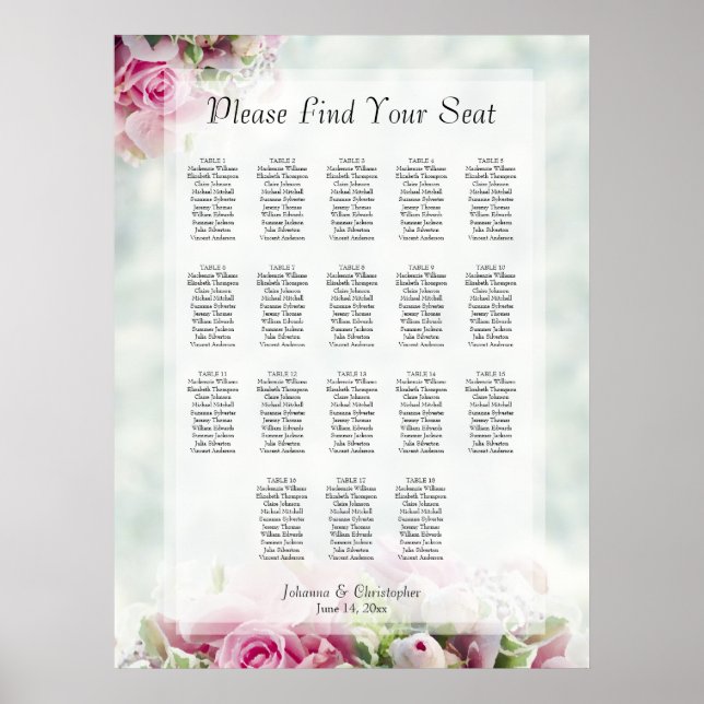 Póster 18 Tabla de asientos Boda de rosas rosadas (Frente)