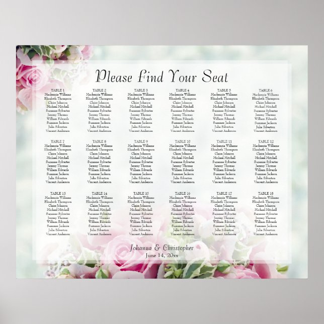 Póster 18 Tabla de asientos Boda de rosas rosadas (Frente)