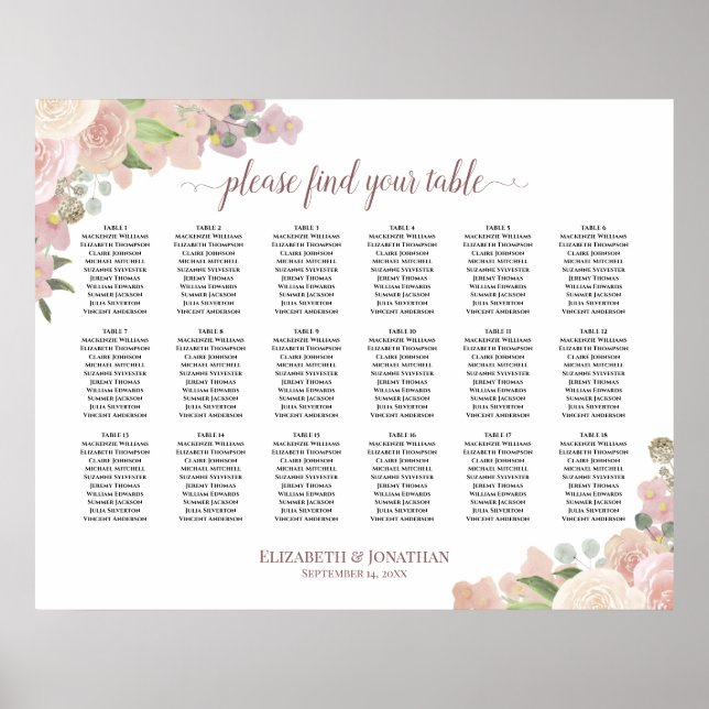 Póster 18 Tabla Elegante Boda Floral Rosa (Frente)