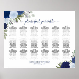 Póster 18 Tabla Elegante Rosas Azules Boda Tabla de asien