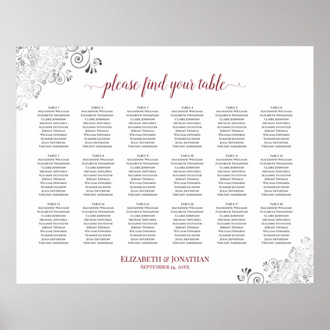 Póster 18 Table Frilly White Wedding Seating Chart Red (Frente)