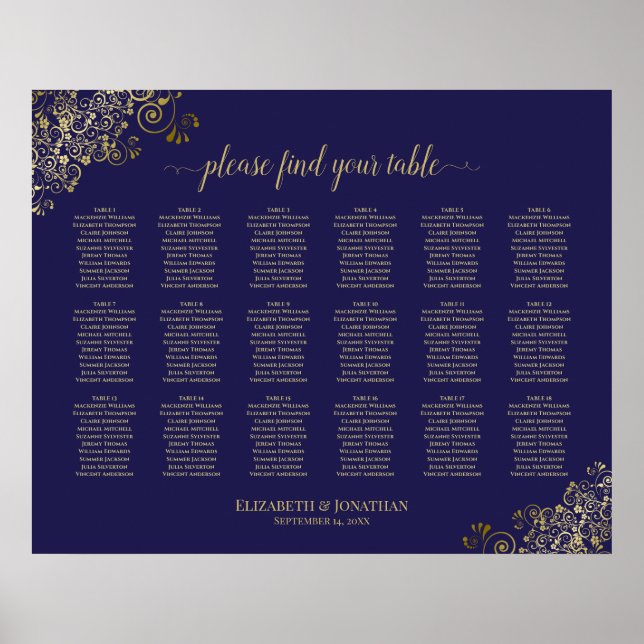 Póster 18 Table Wedding Seating Chart Navy Blue Lacy Gold (Frente)