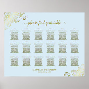 Póster 18 Table Wedding Seating Chart Powder Blue & Gold