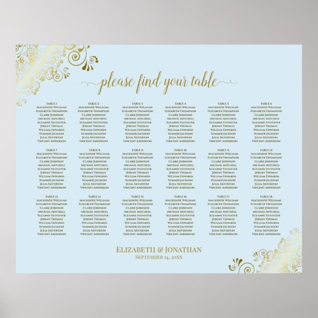 Póster 18 Table Wedding Seating Chart Powder Blue & Gold (Frente)