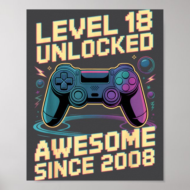 Póster 18th Birthday Boy Gift Level 18 Gamer 2008 18 Year (Frente)