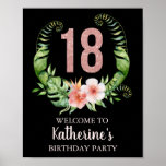Póster 18th Birthday Pink Floral Personalized<br><div class="desc">Chic 18th birthday welcome poster with a pink glitter floral wreath design on a black background. Personalize with your name and text.</div>