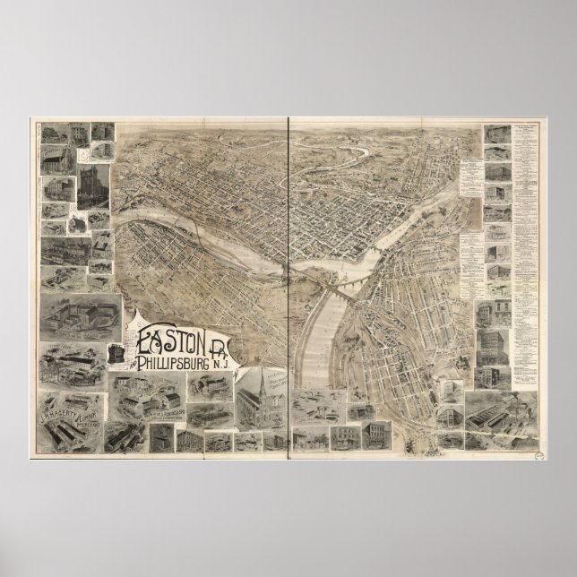 Póster 1900 Easton, PA y Phillipsburg, Mapa Panorámico de (Frente)
