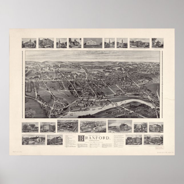 Póster 1905 Branford, CT Birds View Panoramic Map (Frente)