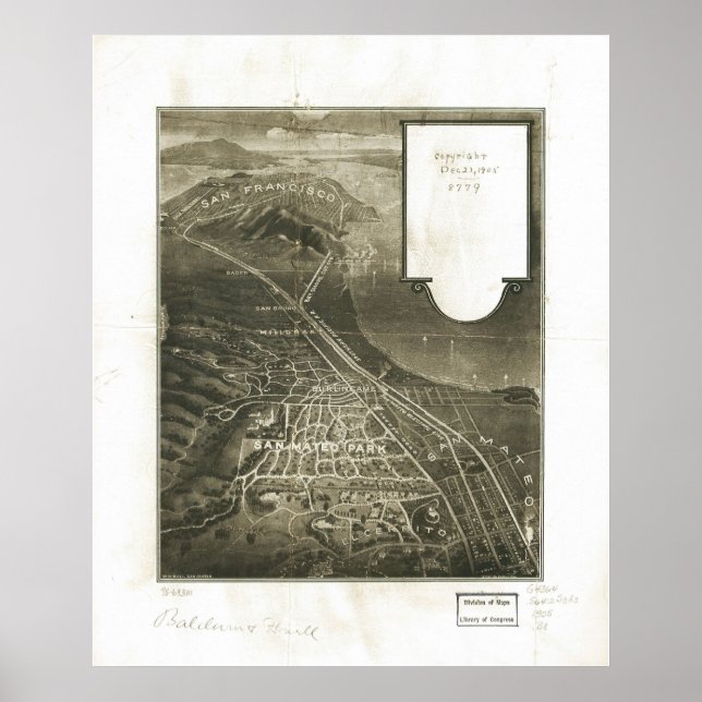 Póster 1905 San Mateo, CA Birds Eye View Panoramic Map (Frente)