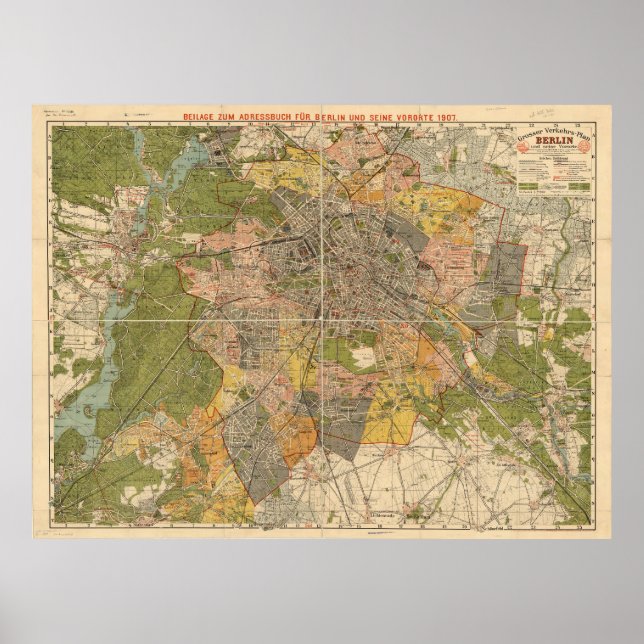 Póster 1907 Berlin Transportation Map – Germany Map (Frente)