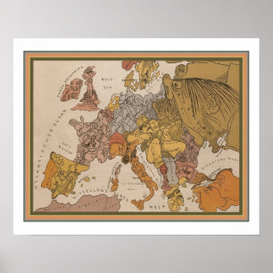 Póster 1914 German WWI Cartoon Map of Europe