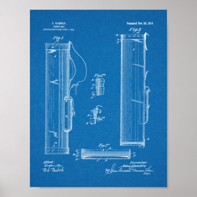 Póster 1914 Golf Caddy Club Bag Design Patent Art Print (Frente)