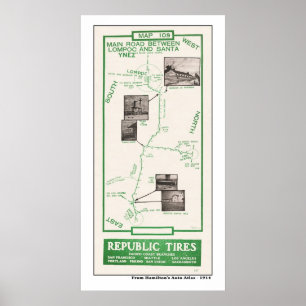 Póster 1914 Map, Lompoc to Santa Ynez