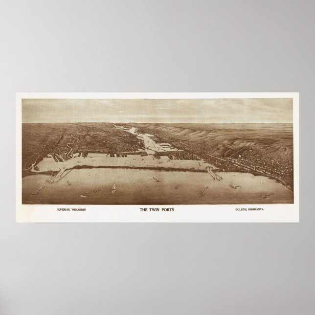 Póster 1915 Superior, WI & Duluth, MN Birds Eye View (Frente)