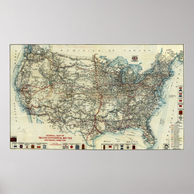 Póster 1918 AAA General Map of Transcontinental Routes (Frente)
