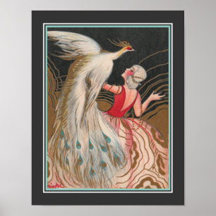 Póster 1924 Art Deco "Chica con pavo real blanco"