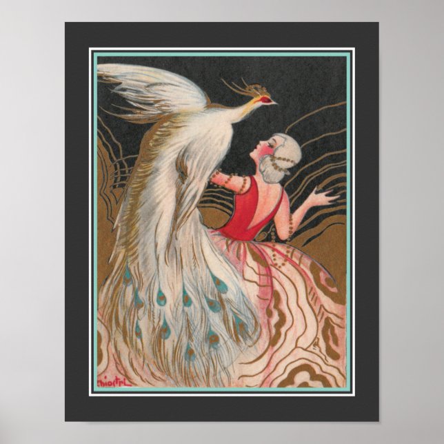 Póster 1924 Art Deco "Chica con pavo real blanco" (Frente)