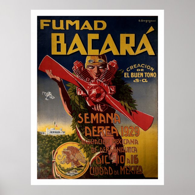 Póster 1929 Poster de aviación "Fumad Bacara" (Frente)