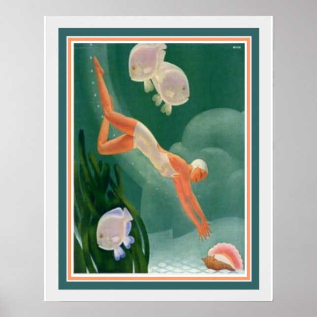 Póster 1930 Art Deco Swimmer/Resort Ad  16x20 (Frente)