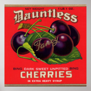 Póster 1930s Dauntless Cherries in Heavy Syrup can label