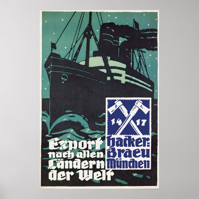 Póster 1930s German Beer Poster Hackerbräu München (Frente)