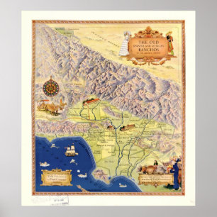 Póster 1937 ranchos del mapa del condado de Los Angeles