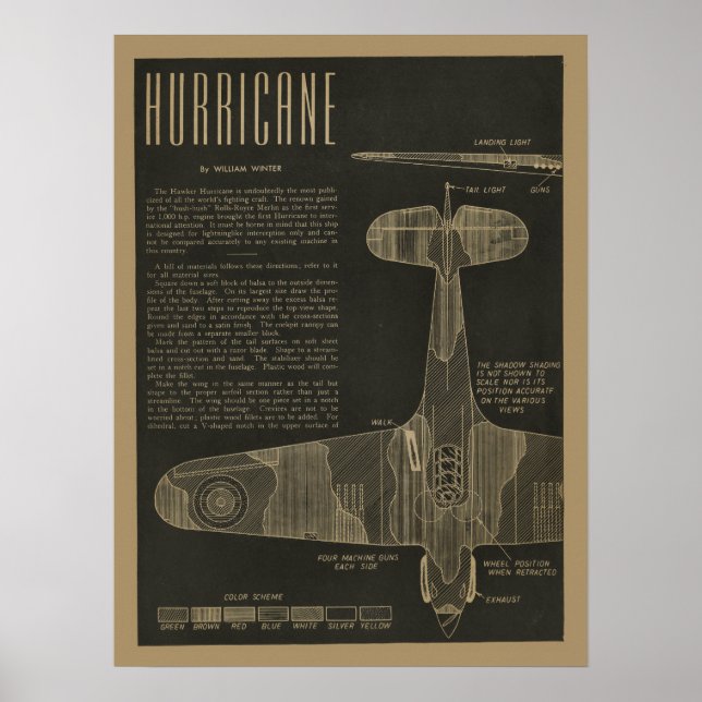 Póster 1938 Aviation Hurricane Airplane Design Art Print (Frente)