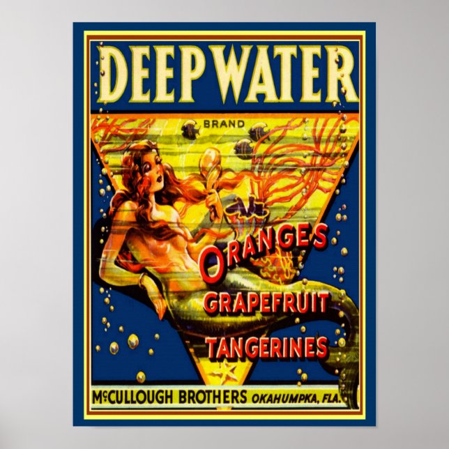 Póster 1940 "Aguas profundas" Cápsula de frutas Ad -12x16 (Frente)