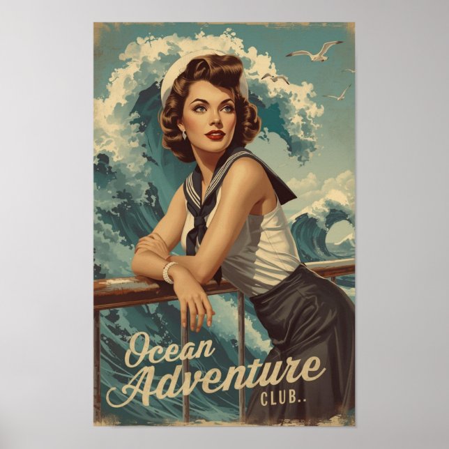 Póster 1950s Sailor Pin-Up Art – Retro Nautical Cruise Po (Frente)