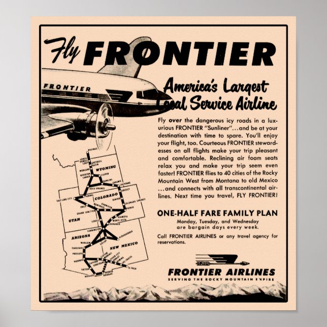 Póster 1953 Frontier Airlines Ad Reprint (Frente)