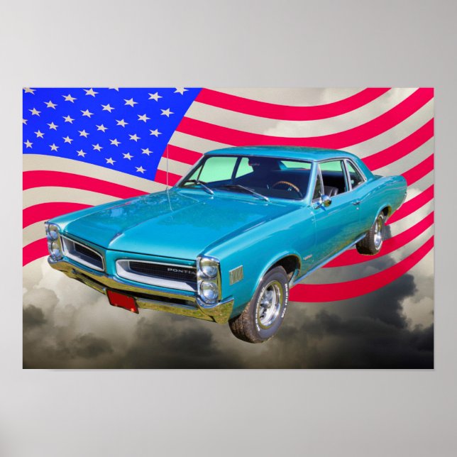 Póster 1966 Pontiac Le Mans Y Bandera Americana (Frente)
