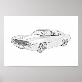 Póster 1969 Chevy Camaro Estilo Lápiz Negro y Blanco
