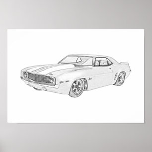 Póster 1969 Chevy Camaro Estilo Lápiz Negro y Blanco
