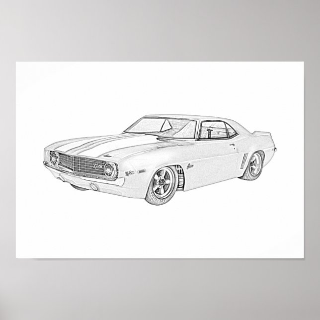 Póster 1969 Chevy Camaro Estilo Lápiz Negro y Blanco (Frente)