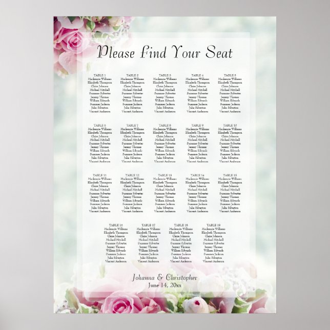Póster 19 Tabla de asientos Boda de rosas rosas rosas ros (Frente)
