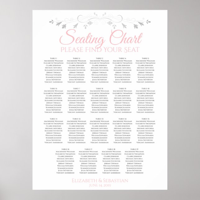 Póster 19 Tabla de asientos Boda rosa y gris (Frente)